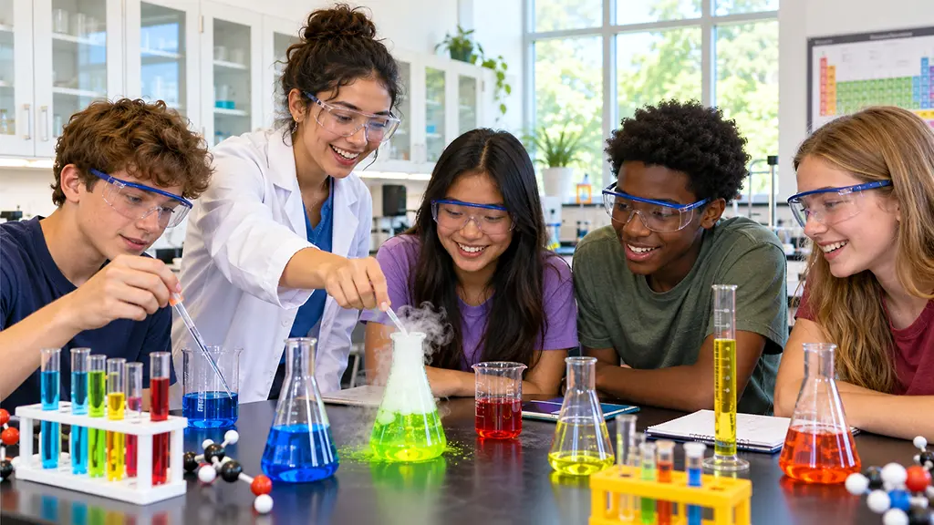 Young scientists enjoying a colorful hands-on chemistry experiment together at science camp