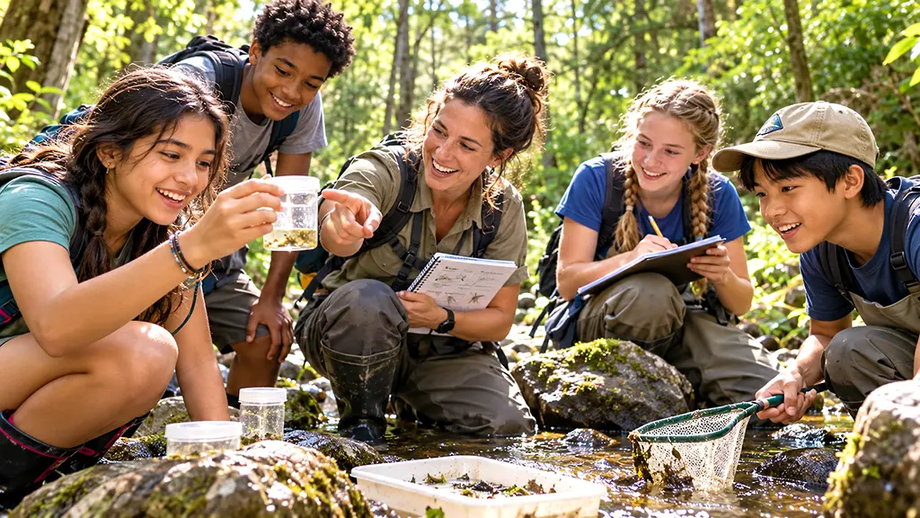 Campers exploring stream ecology and collecting observations during an outdoor science activity
