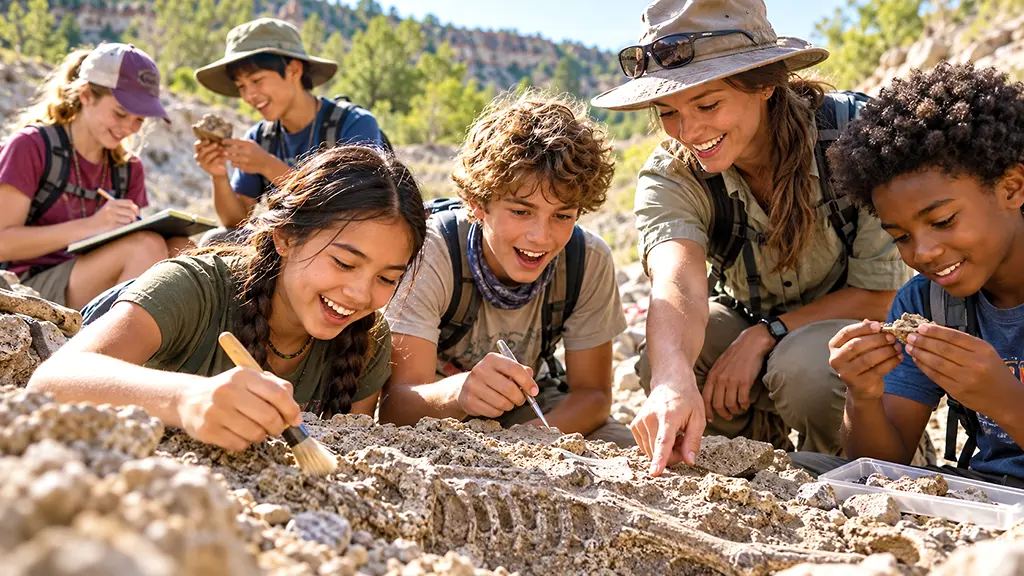 Young science explorers investigating fossils during an outdoor geology and paleontology activity