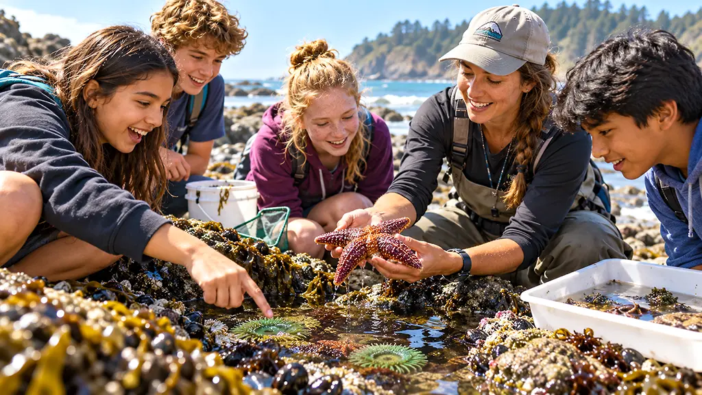 Young science campers examining coastal tide-pool life during an outdoor marine biology activity
